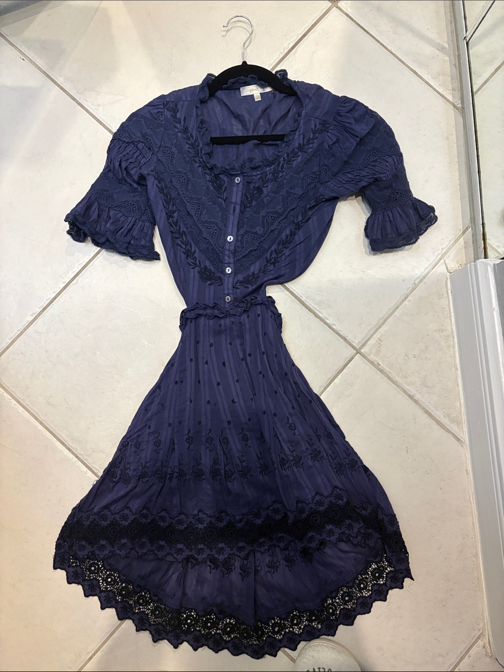 LoveShackFancy Navy Blue Embroidered Midi Dress